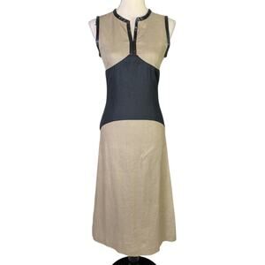 Michelle Mason Linen Blend Colorblock Midi Dress Leather Trim Size 4
